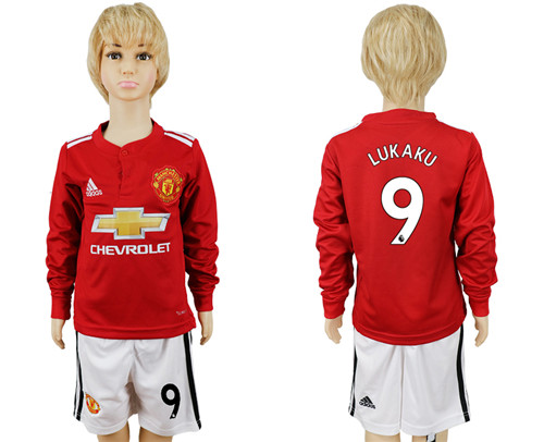 2017 18 Manchester United 9 LUKAKU Home Youth Long Sleeve Soccer Jersey