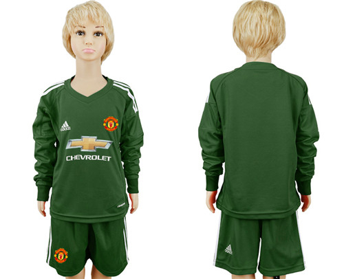 2017 18 Manchester United Military Green Youth Long Sleeve Goalkeeper Soccer Jersey