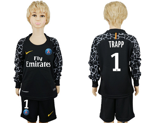 2017 18 Paris Saint Germain 1 TRAPP Black Youth Goalkeeper Long Sleeve Soccer Jersey