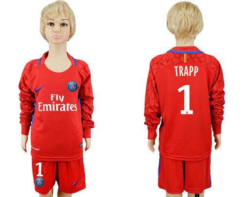 2017 18 Paris Saint Germain 1 TRAPP Red Youth Goalkeeper Long Sleeve Soccer Jersey