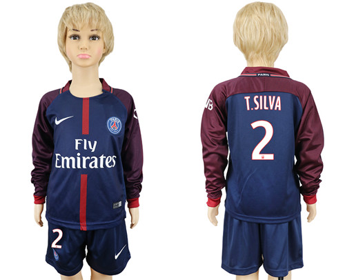 2017 18 Paris Saint Germain 2 T SILVA Youth Home Long Sleeve Soccer Jersey