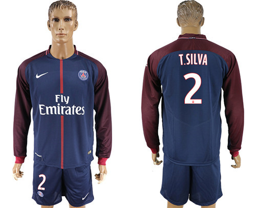 2017 18 Paris Saint Germain 2 T.SILVA Home Long Sleeve Soccer Jersey