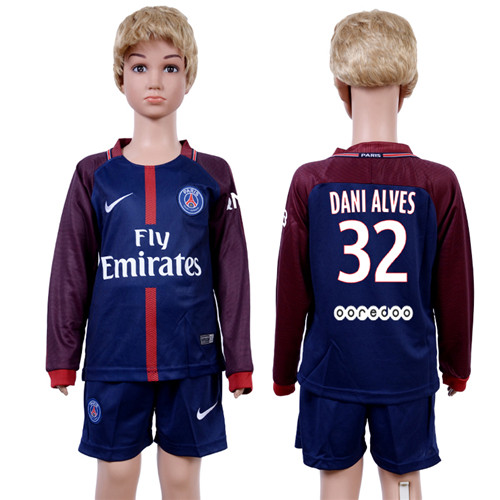 2017 18 Paris Saint Germain 32 DANI ALVES Home Youth Long Sleeve Soccer Jersey