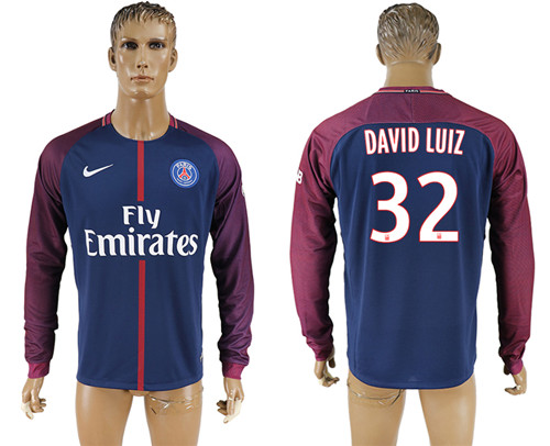 2017 18 Paris Saint Germain 32 DAVID LUIZ Home Long Sleeve Thailand Soccer Jersey