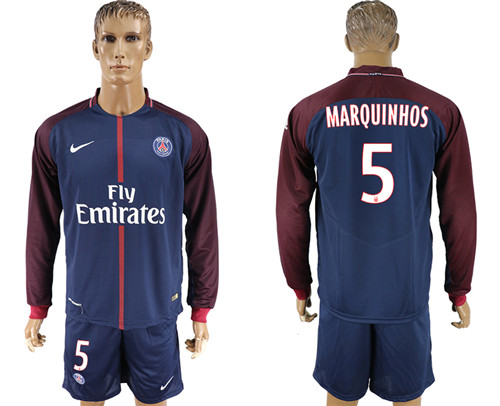 2017 18 Paris Saint Germain 5 MARQUINHOS Home Long Sleeve Soccer Jersey