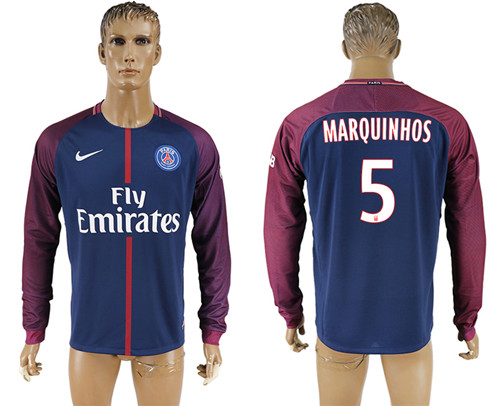 2017 18 Paris Saint Germain 5 MARQUINHOS Home Long Sleeve Thailand Soccer Jersey