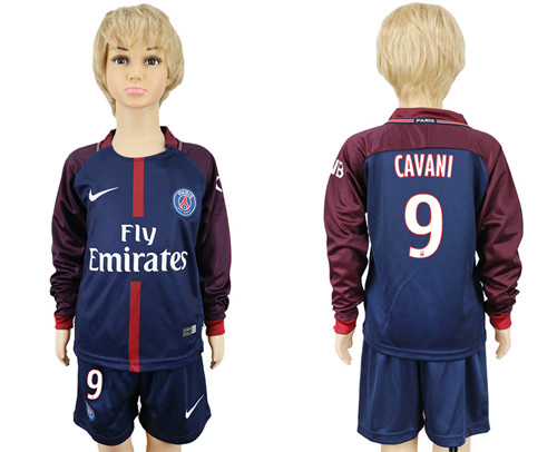 2017 18 Paris Saint Germain 9 CAVANI Youth Home Long Sleeve Soccer Jersey