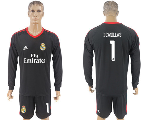 2017 18 Real Madrid 1 I CASILLAS Black Long Sleeve Goalkeeper Soccer Jersey