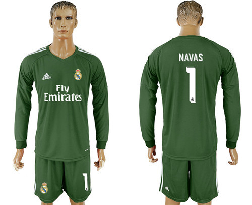 2017 18 Real Madrid 1 NAVAS Military Green Long Sleeve Goalkeeper Soccer Jersey