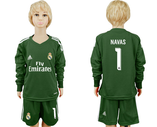 2017 18 Real Madrid 1 NAVAS Military Green Youth Long Sleeve Goalkeeper Soccer Jersey