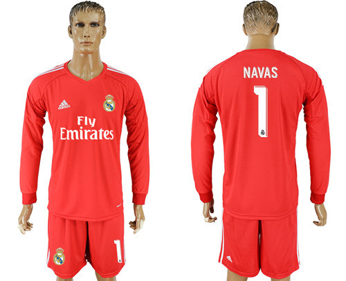 2017 18 Real Madrid 1 NAVAS Red Goalkeeper Long Sleeve Soccer Jersey