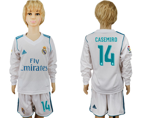2017 18 Real Madrid 14 CASEMIRO Home Youth Long Sleeve Soccer Jersey