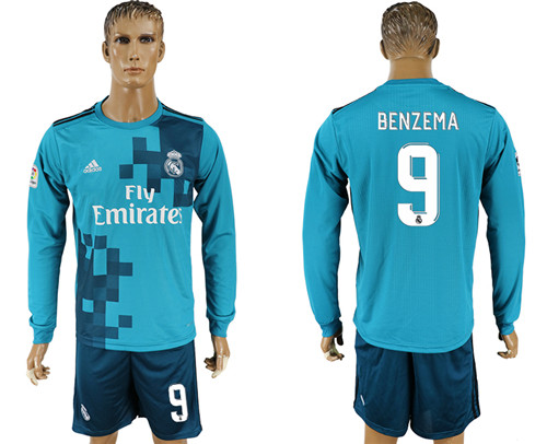 2017 18 Real Madrid 9 BENZEMA Away Long Sleeve Soccer Jersey