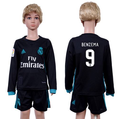 2017 18 Real Madrid 9 BENZEMA Away Youth Long Sleeve Soccer Jersey