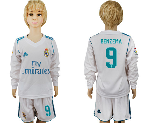 2017 18 Real Madrid 9 BENZEMA Home Youth Long Sleeve Soccer Jersey