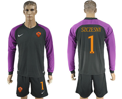 2017 18 Roma 1 SZCZESNY Black Long Sleeve Goalkeeper Soccer Jersey