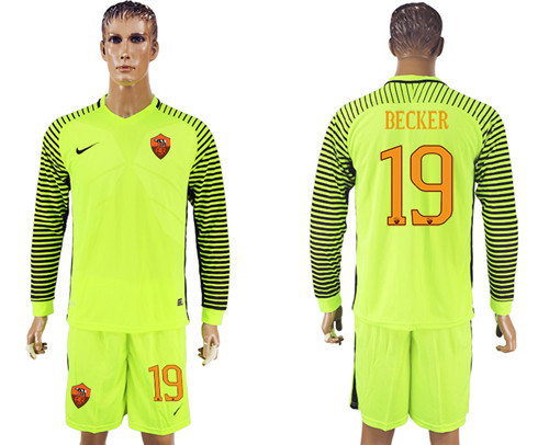 2017 18 Roma 19 BECKER Fluorescent Green Long Sleeve Goalkeeper Soccer Jersey