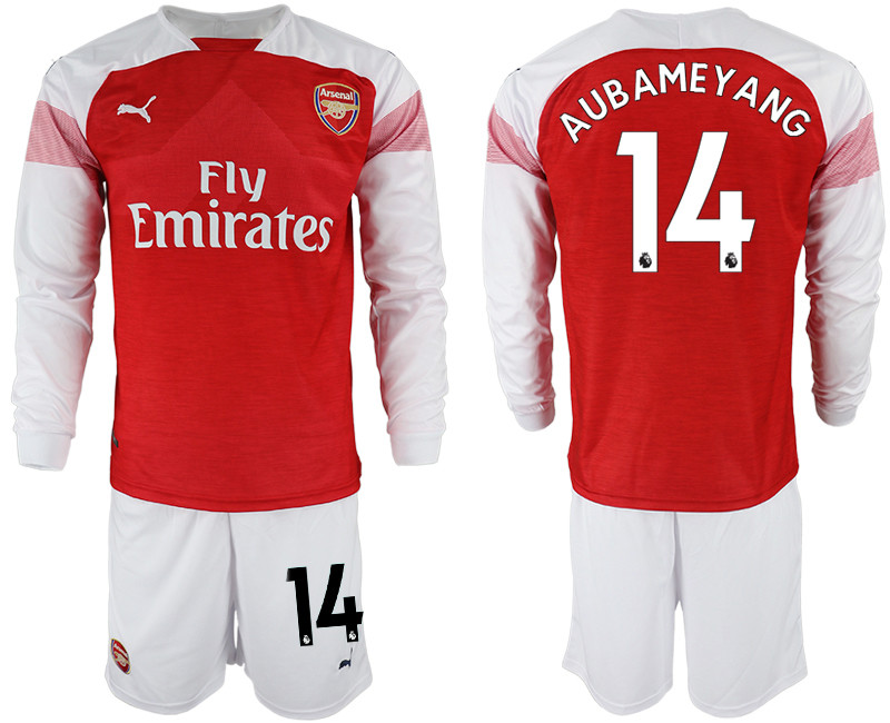 2018 19 Arsenal 14 AUBAMEYANG Home Long Sleeve Soccer Jersey