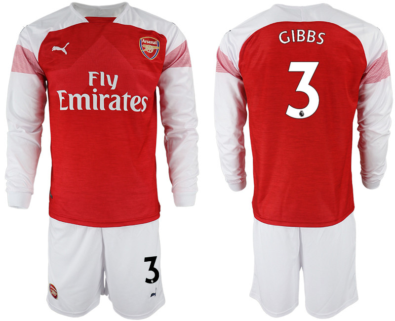 2018 19 Arsenal 3 GIBBS Home Long Sleeve Soccer Jersey
