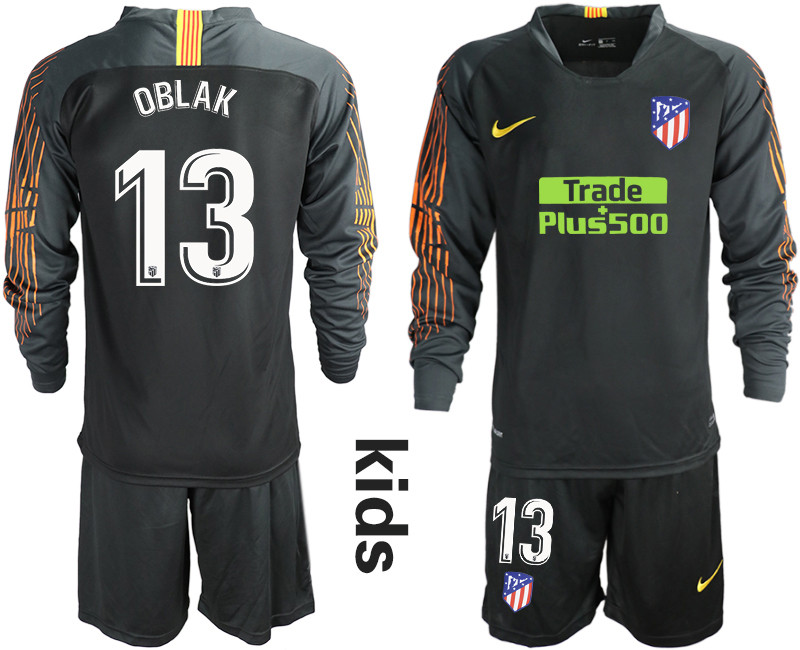 2018 19 Atletico Madrid 13 OBLAK Black Youth Long Sleeve Soccer Jersey