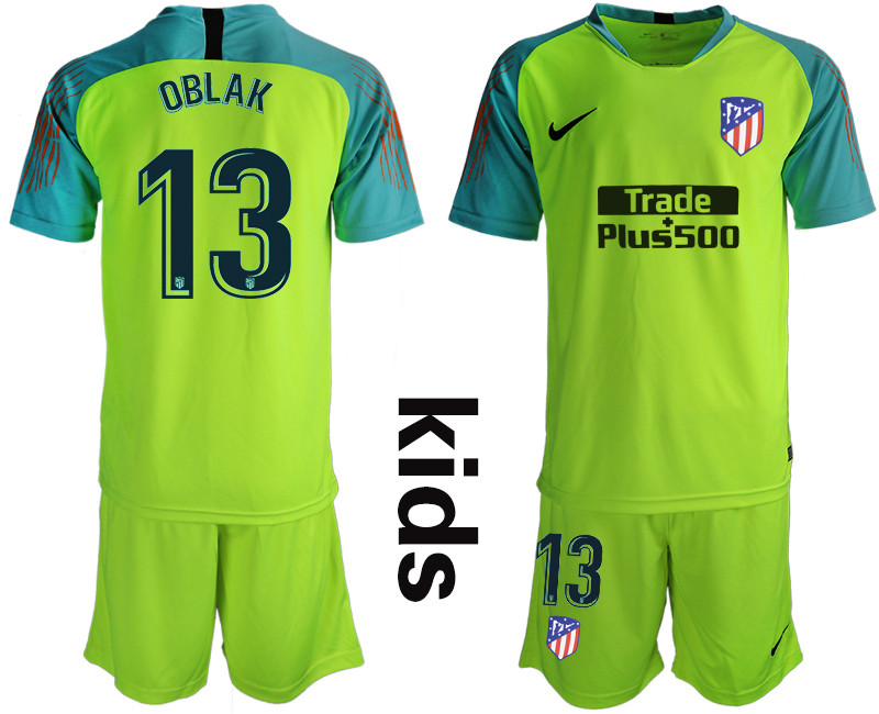 2018 19 Atletico Madrid 13 OBLAK Fluorescent Green Youth Goalkeeper Soccer Jersey