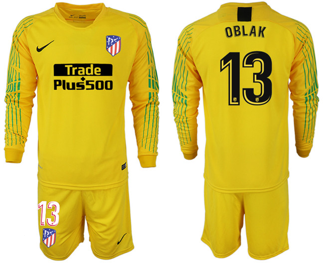 2018 19 Atletico Madrid 13 OBLAK Yellow Goalkeeper Long Sleeve Soccer Jersey