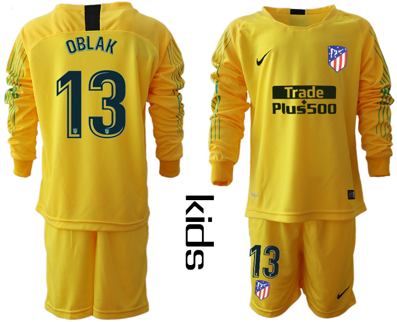 2018 19 Atletico Madrid 13 OBLAK Yellow Youth Long Sleeve Soccer Jersey