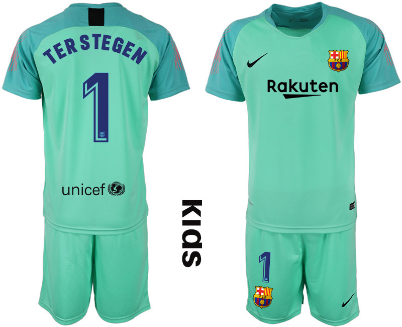 2018 19 Barcelona 1 TER STEGEN Green Youth Goalkeeper Soccer Jersey