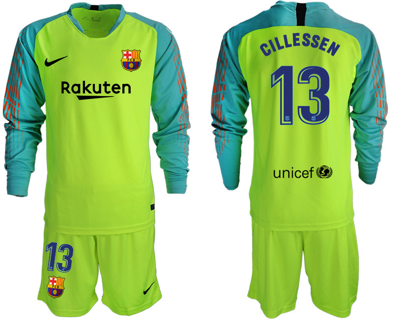 2018 19 Barcelona 13 CILLESSEN Fluorescent Green Long Sleeve Goalkeeper Soccer Jersey