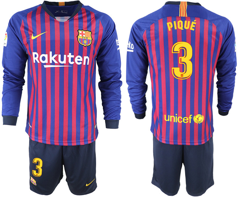 2018 19 Barcelona 3 PIQUE Home Long Sleeve Soccer Jersey
