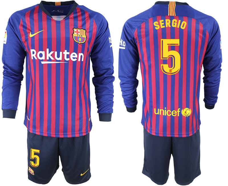 2018 19 Barcelona 5 SERGIO Home Long Sleeve Soccer Jersey