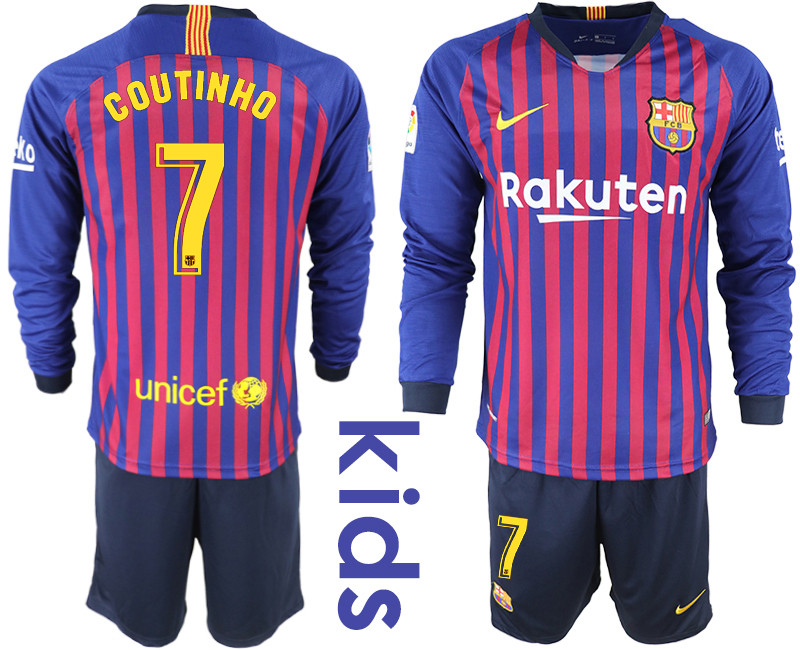 2018 19 Barcelona 7 COUTINHO Home Youth Long Sleeve Soccer Jersey