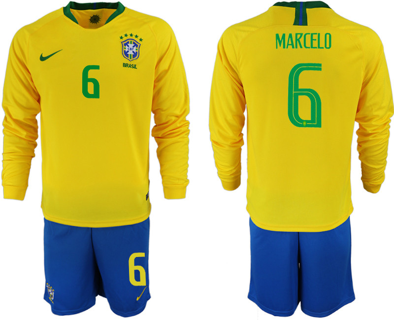 2018 19 Brazil 6 MARCELO Home Long Sleeve Soccer Jersey