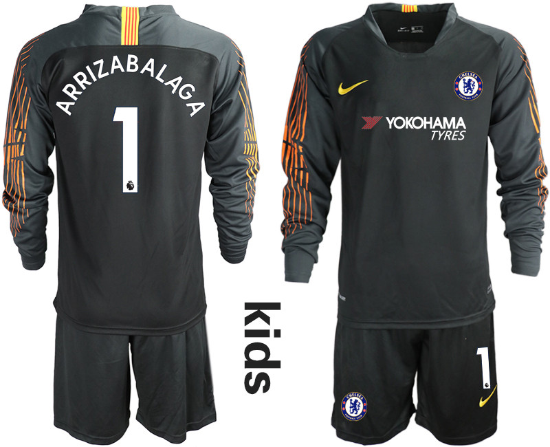 2018 19 Chelsea 1 ARRIZABALAGA Black Youth Long Sleeve Soccer Jersey