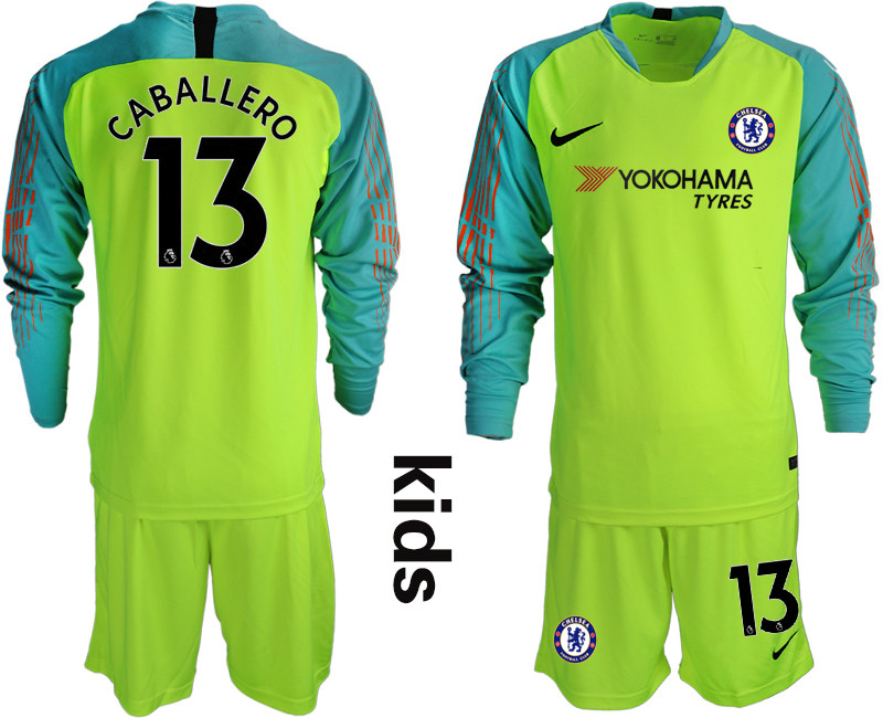 2018 19 Chelsea Fluorescent 13 CABALLERO Green Youth Long Sleeve Goalkeeper Soccer Jersey