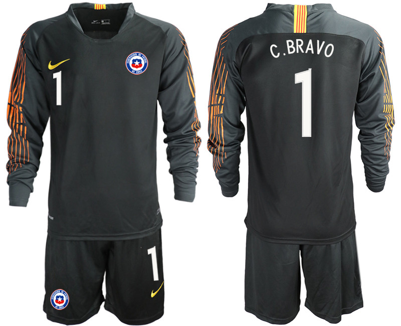 2018 19 Chile 1 C. BRAVO Black Long Sleeve Goalkeeper Soccer Jersey