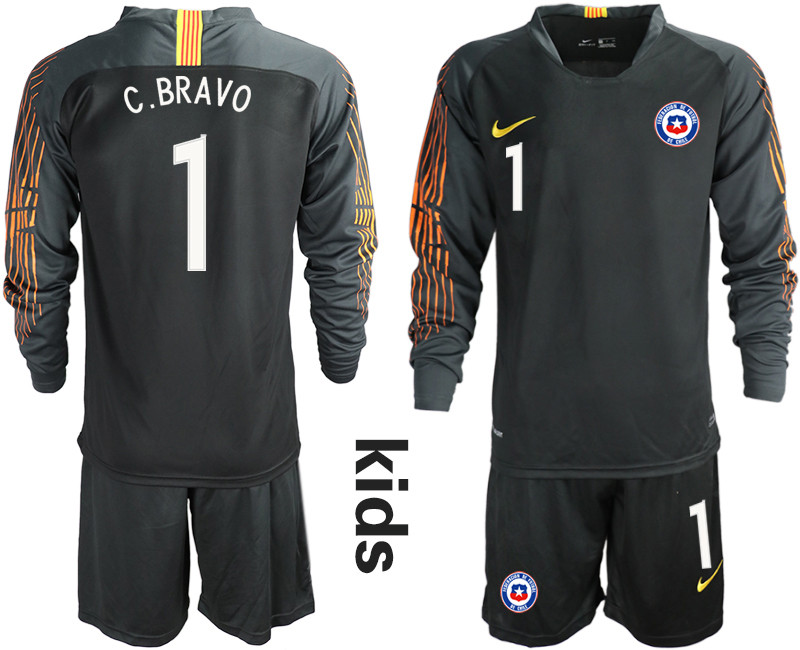 2018 19 Chile 1 C. BRAVO Black Youth Long Sleeve Goalkeeper Soccer Jersey