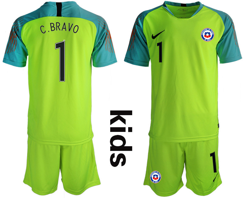 2018 19 Chile 1 C. BRAVO Fluorescent Green Youth Goalkeeper Soccer Jersey