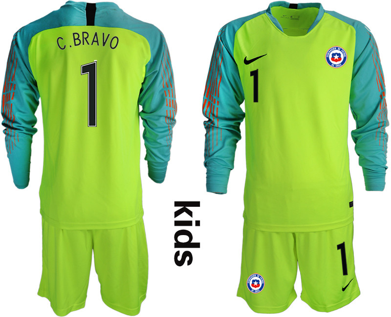 2018 19 Chile 1 C. BRAVO Fluorescent Green Youth Long Sleeve Goalkeeper Soccer Jersey