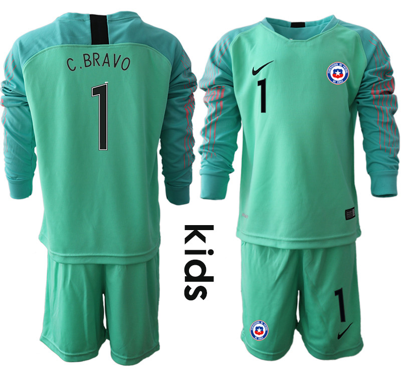 2018 19 Chile 1 C. BRAVO Green Youth Long Sleeve Goalkeeper Soccer Jersey