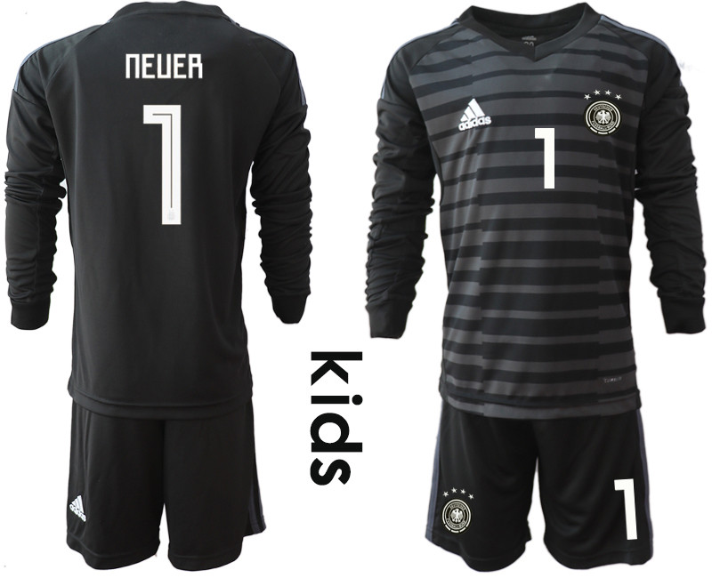 2018 19 Germany 1 NEUER Black Youth Long Sleeve Goalkeeper Soccer Jersey