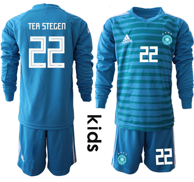 2018 19 Germany 22 TER STEGEN Blue Youth Long Sleeve Goalkeeper Soccer Jersey