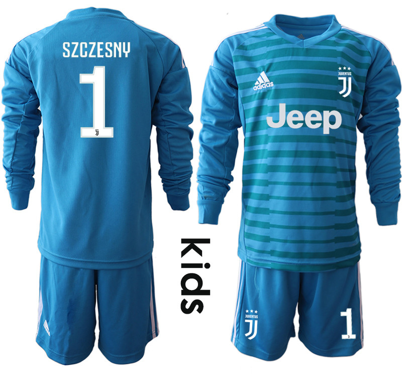 2018 19 Juventus 1 SZCZESNY Blue Youth Long Sleeve Goalkeeper Soccer Jersey