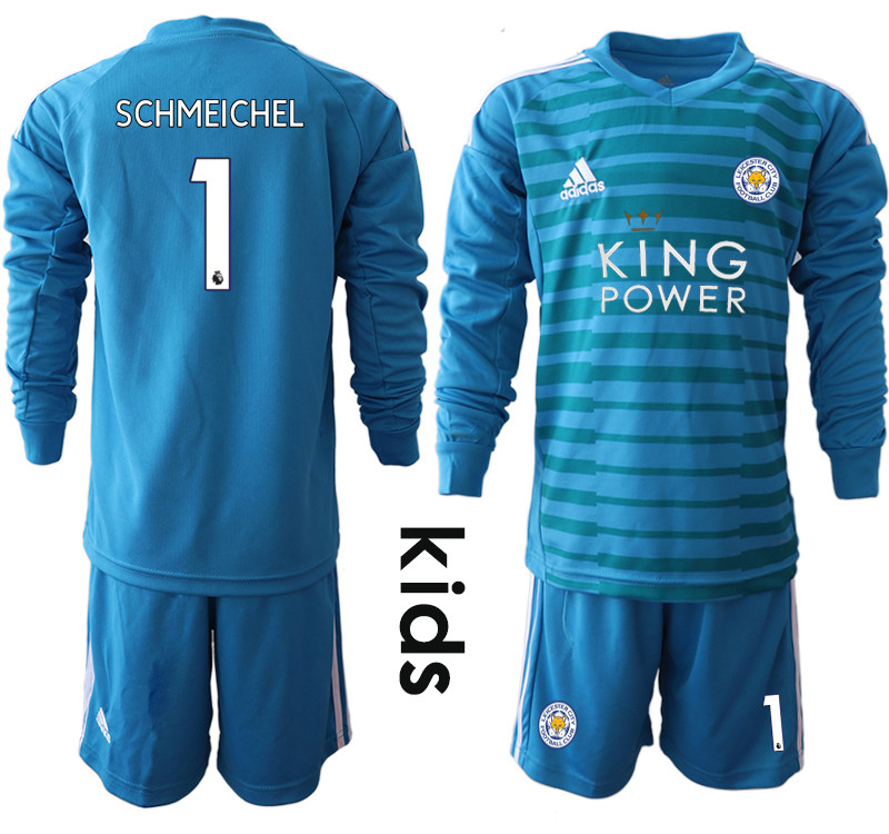 2018 19 Leicester City 1 SCHMEICHEL Blue Youth Long Sleeve Goalkeeper Soccer Jersey