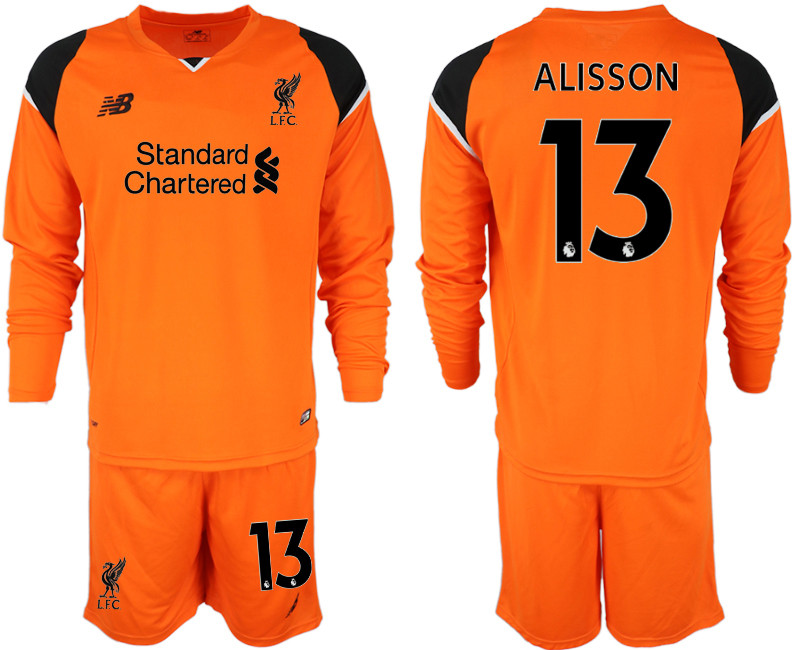 2018 19 Liverpool 13 ALISSON Orange Long Sleeve Goalkeeper Soccer Jersey