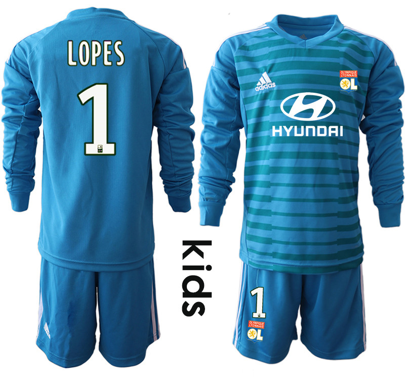 2018 19 Lyon 1 LOPES Blue Youth Long Sleeve Goalkeeper Soccer Jersey