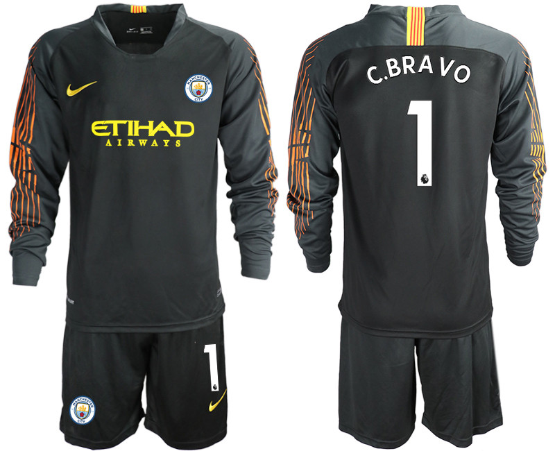 2018 19 Manchester City 1 C.BRAVO Black Long Sleeve Goalkeeper Soccer Jersey