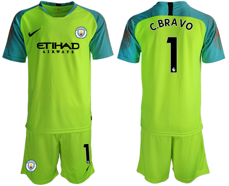 2018 19 Manchester City 1 C.BRAVO Fluorescent Green Goalkeeper Soccer Jersey