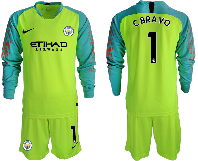 2018 19 Manchester City 1 C.BRAVO Fluorescent Green Long Sleeve Goalkeeper Soccer Jersey