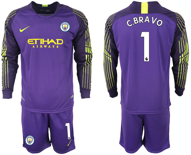 2018 19 Manchester City 1 C.BRAVO Purple Long Sleeve Goalkeeper Soccer Jersey